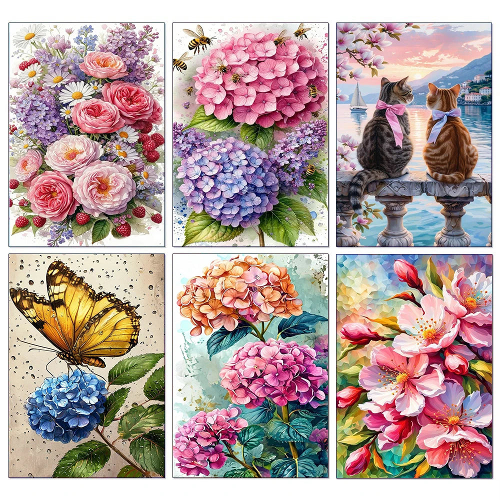 A collage of floral paintings featuring pink, purple, and orange hydrangeas and roses for a diamond painting kit.