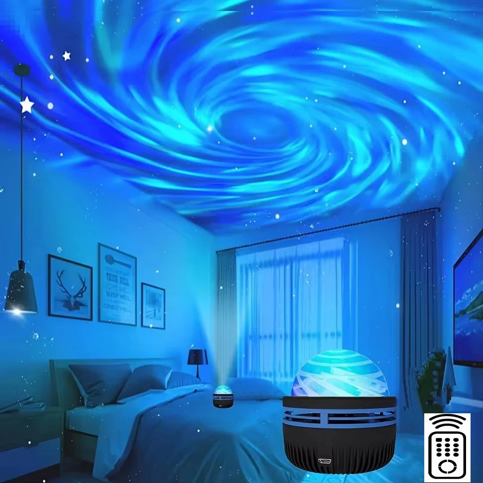 Scène de chambre avec une projection lumineuse bleue tourbillonnante d'une lampe de nuit projetée au plafond et dans la pièce