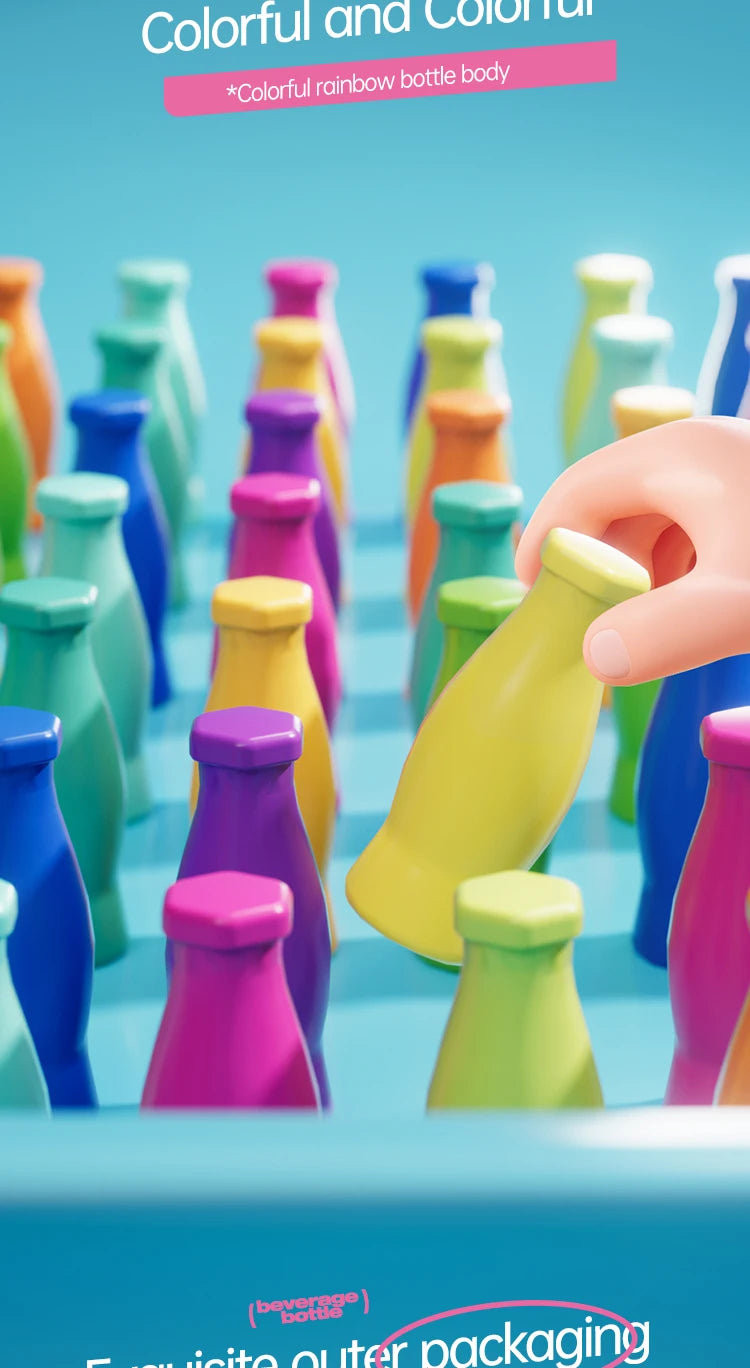 Colorful rainbow bottle bodies arranged in a row, showing various shades of green, yellow, purple, and blue.