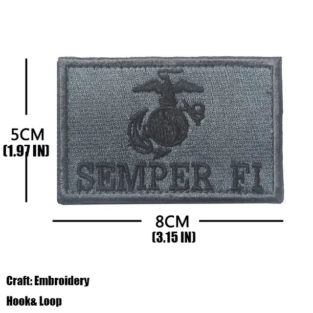 Gray embroidered tactical patch featuring a silhouette of an eagle and the text SEMPER FI