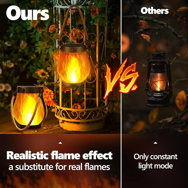 Comparison of a realistic flame effect lantern versus a constant light mode lantern.