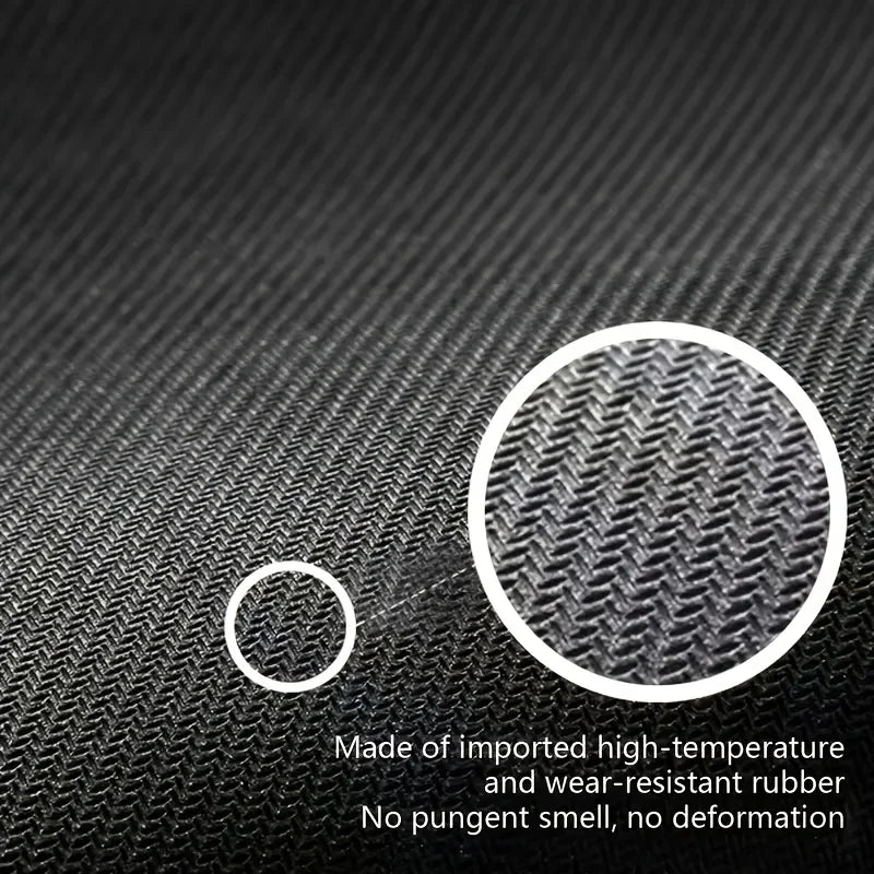 Close-up of a black bath mat showing a circular texture detail and text describing its rubber composition.