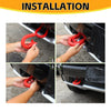 Installation steps showing how to install a red tow hook cover on a vehicle bumper.