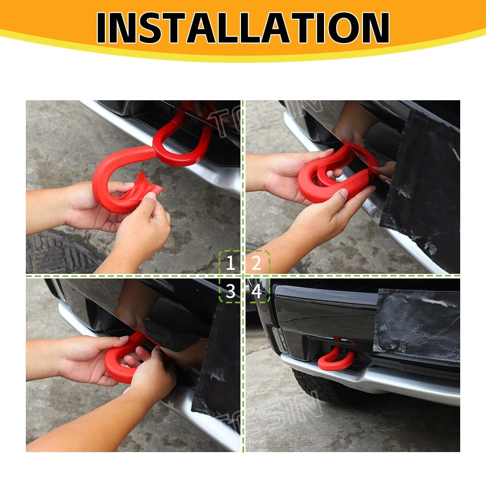Installation steps showing how to install a red tow hook cover on a vehicle bumper.