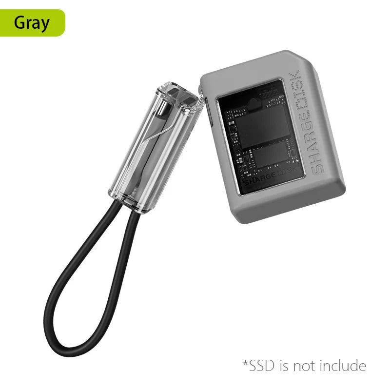 Gray M.2 NVMe SSD enclosure with a clear cable and cooling mechanism