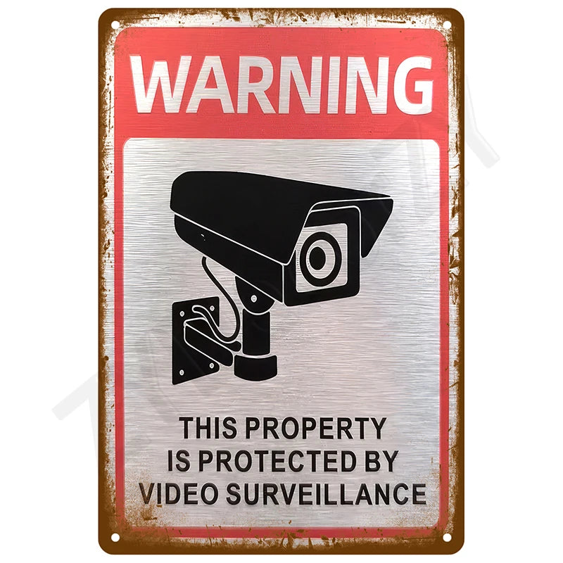 A vintage metal tin sign with a warning about video surveillance, featuring an icon of a security camera.