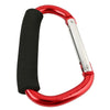 A red and silver heavy-duty aluminum stroller hook with a black comfort grip.