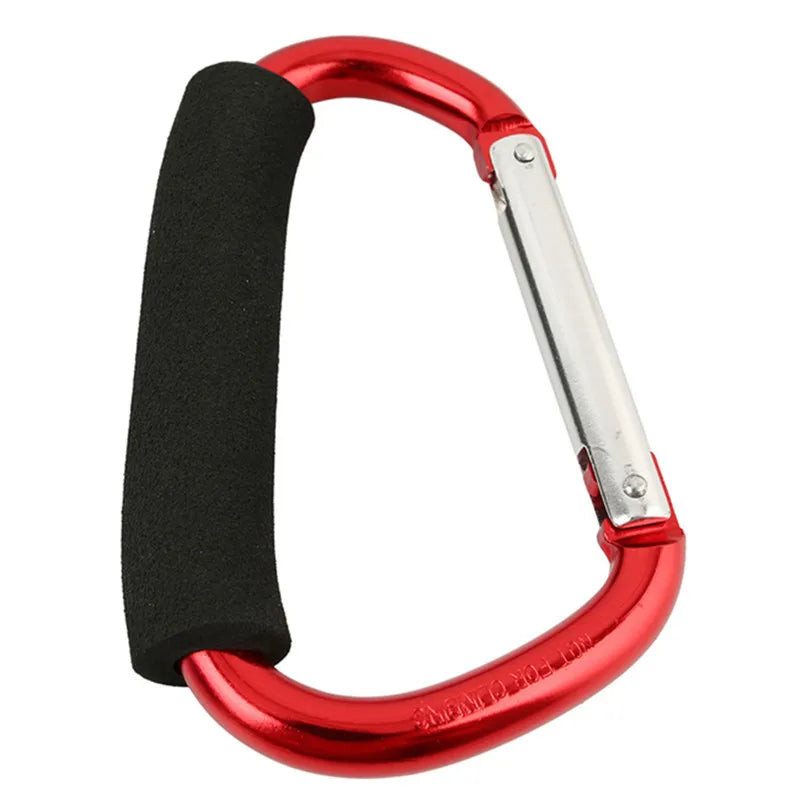 A red and silver heavy-duty aluminum stroller hook with a black comfort grip.