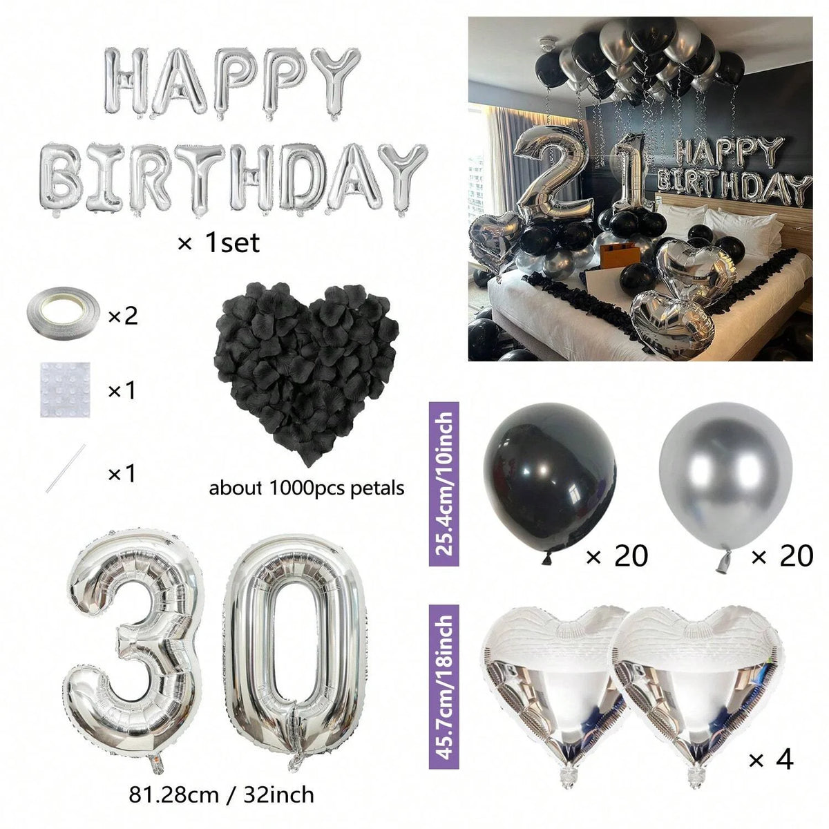 Set silberner und schwarzer Ballons für Geburtstage, darunter Zahlenballons, herzförmige Blütenblätter und Folienballons