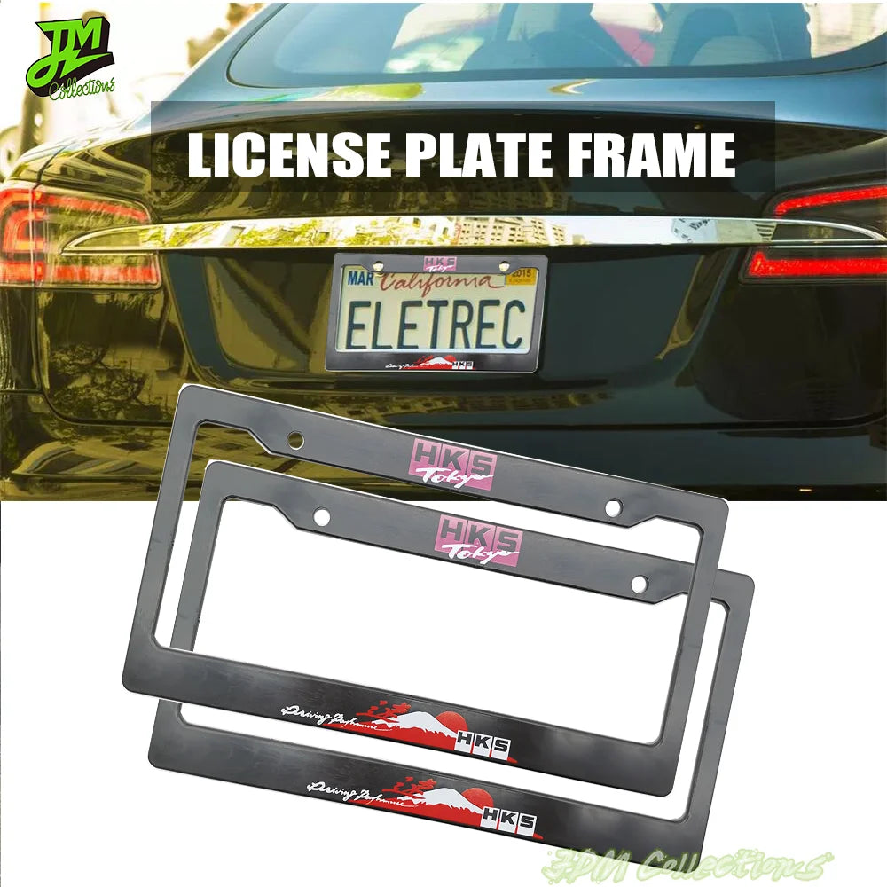 A pair of black racing style license plate frames with an HKS logo for a vehicle.