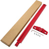 A red precision aluminum alloy T-ruler for woodworking marking, shown alongside its packaging and mounting hardware.