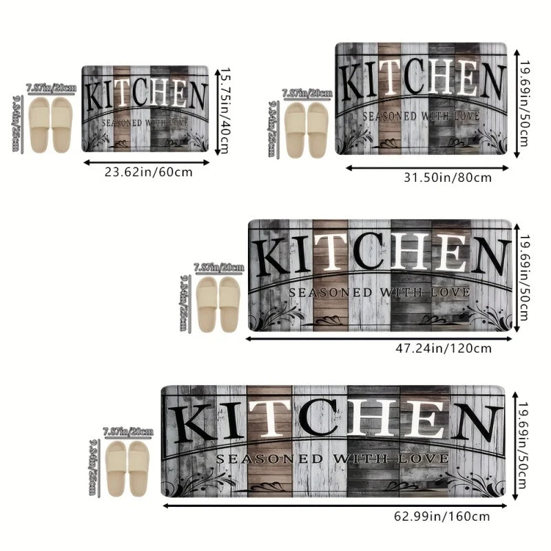 A set of wooden kitchen mats featuring a rustic wood grain design with non-slip backing.
