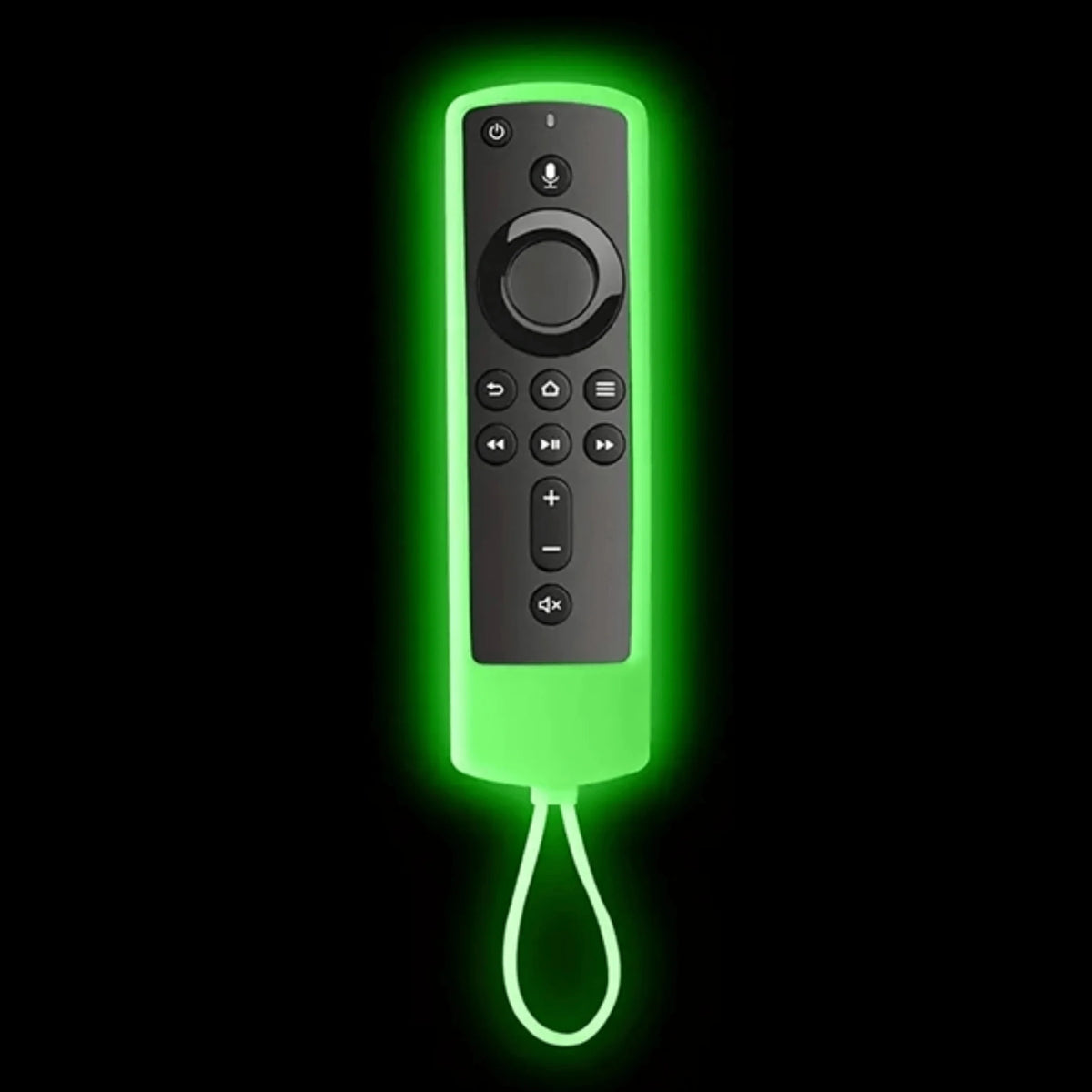 A green glow-in-the-dark silicone remote cover for a Fire TV Stick, shown against a black background.