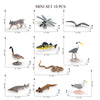 A mini set of 10 realistic animal figurines including a cat, elephant, bird, giraffe, and various wildlife creatures.