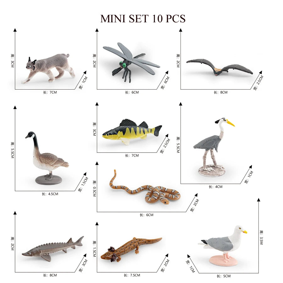 A mini set of 10 realistic animal figurines including a cat, elephant, bird, giraffe, and various wildlife creatures.