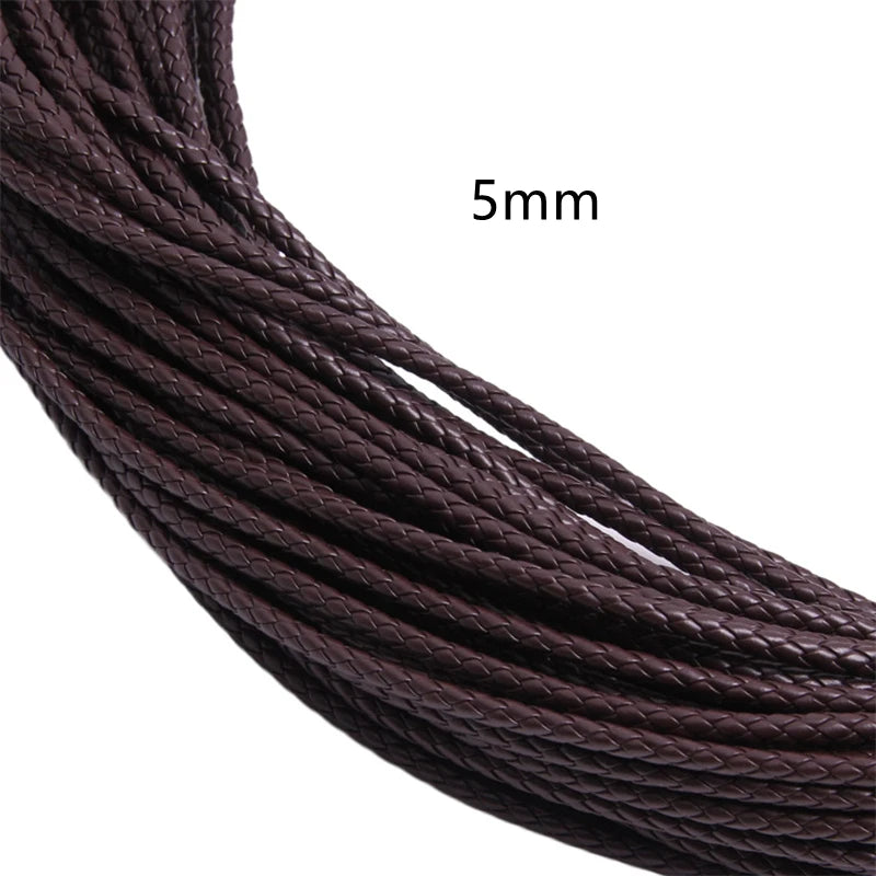 A close-up view of a dark brown braided leather cord, 5mm in diameter.