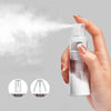 A hand is spraying a fine mist of white product from a refillable spray bottle, demonstrating before and after usage.