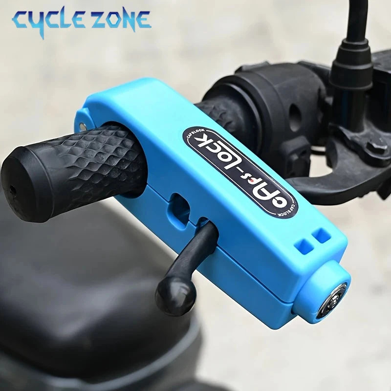 A close-up view of a blue compact handlebar lock mechanism for bicycles or scooters.