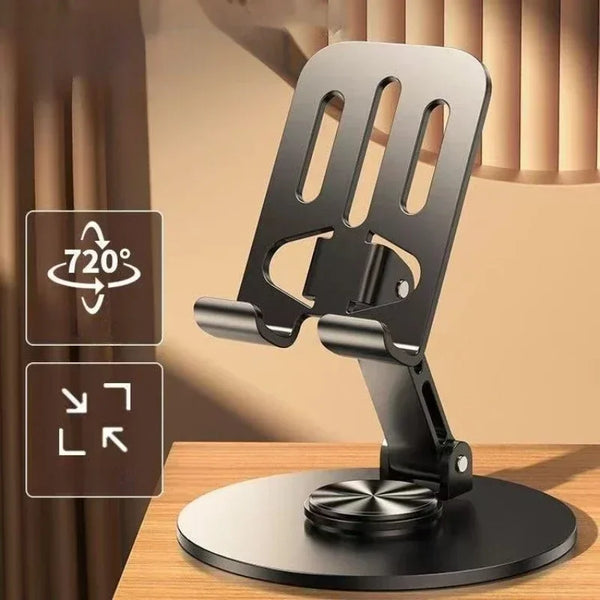 Support de téléphone rotatif noir à 360 degrés monté sur une surface de bureau en bois.