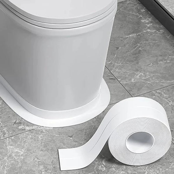 A roll of white waterproof sealing tape is shown next to a large white cylindrical object on a gray tiled surface.