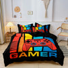 Black duvet cover set featuring a gamer theme with controller and keyboard print.