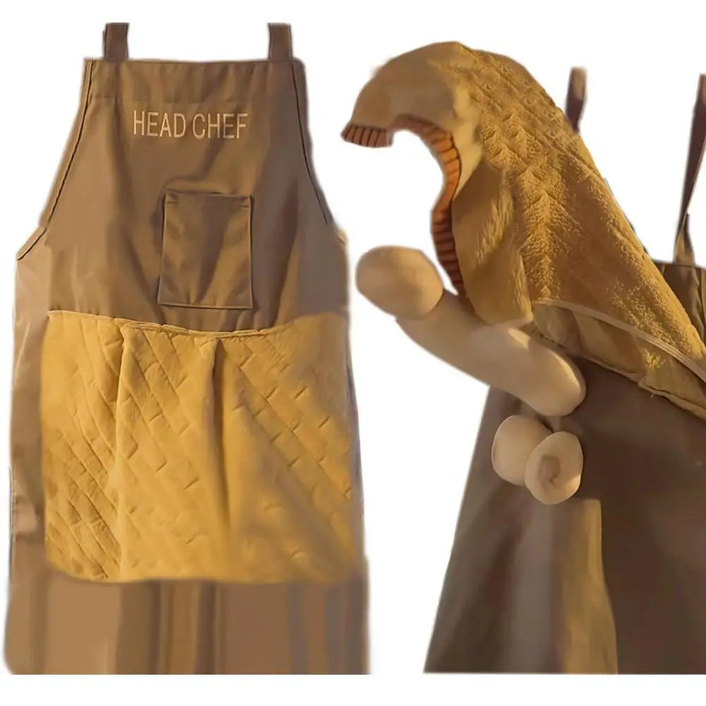A beige chef apron with a yellow quilted section and a large, hand-like puppet attached.