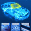 A blue holographic rendering of a car with a yellow sunshade installed on the windshield, next to images showing heat reflect