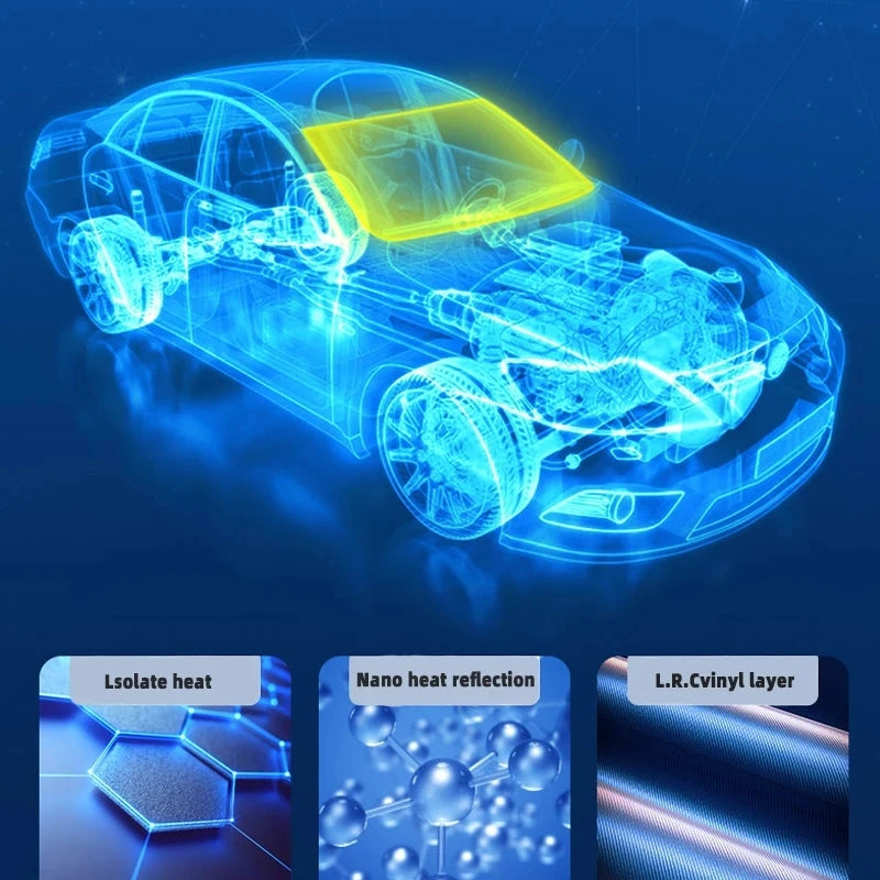 A blue holographic rendering of a car with a yellow sunshade installed on the windshield, next to images showing heat reflect