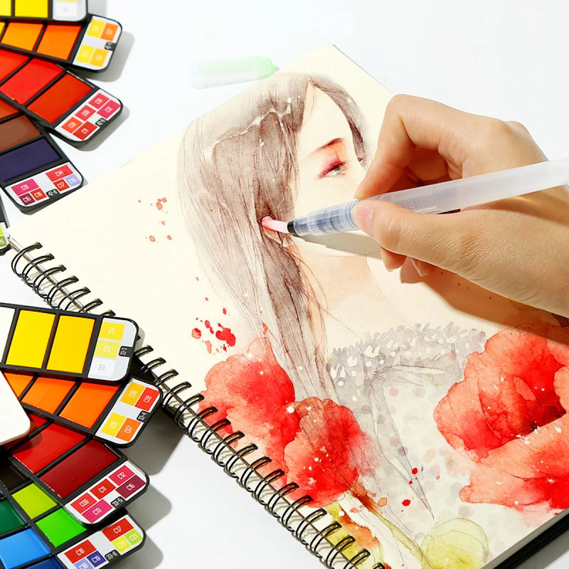 Faltbares Aquarell-Set für unterwegs mit Fächerpinsel