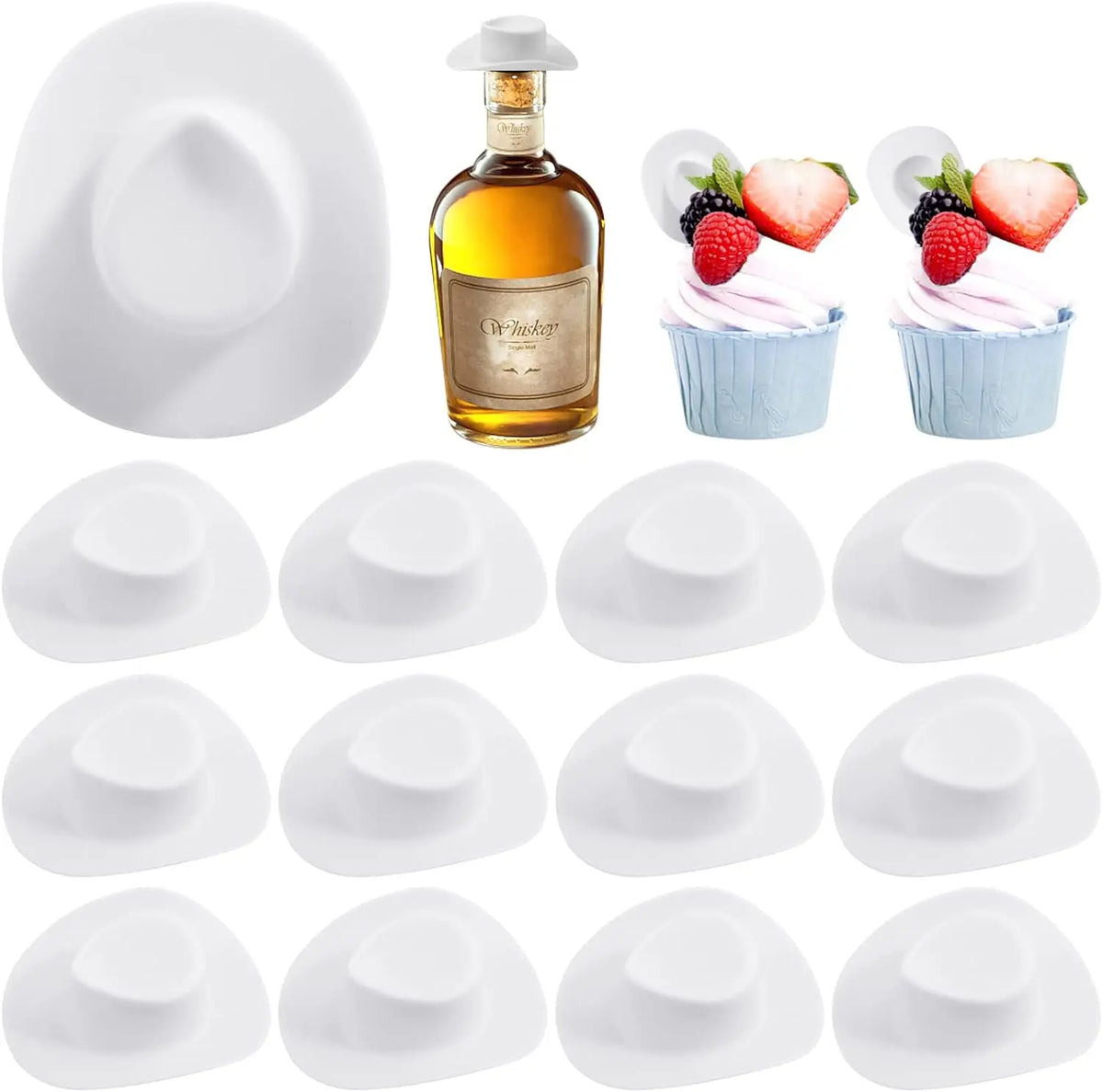 A set of miniature cowboy hats for party favors and cake toppers displayed next to a glass bottle.