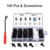 A set of 100 screwdriver bits and a screwdriver tool contained in an acrylic box.
