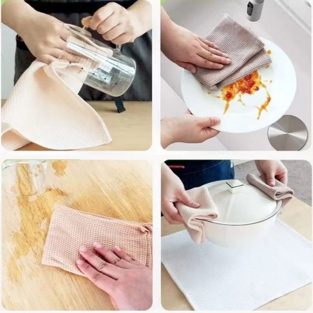 Hands are shown using a set of four light pink waffle weave towels for cleaning and wiping tasks.