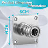 A silver wall-mounted pressure washer accessory storage rack with quick connect holders shown with dimension lines.