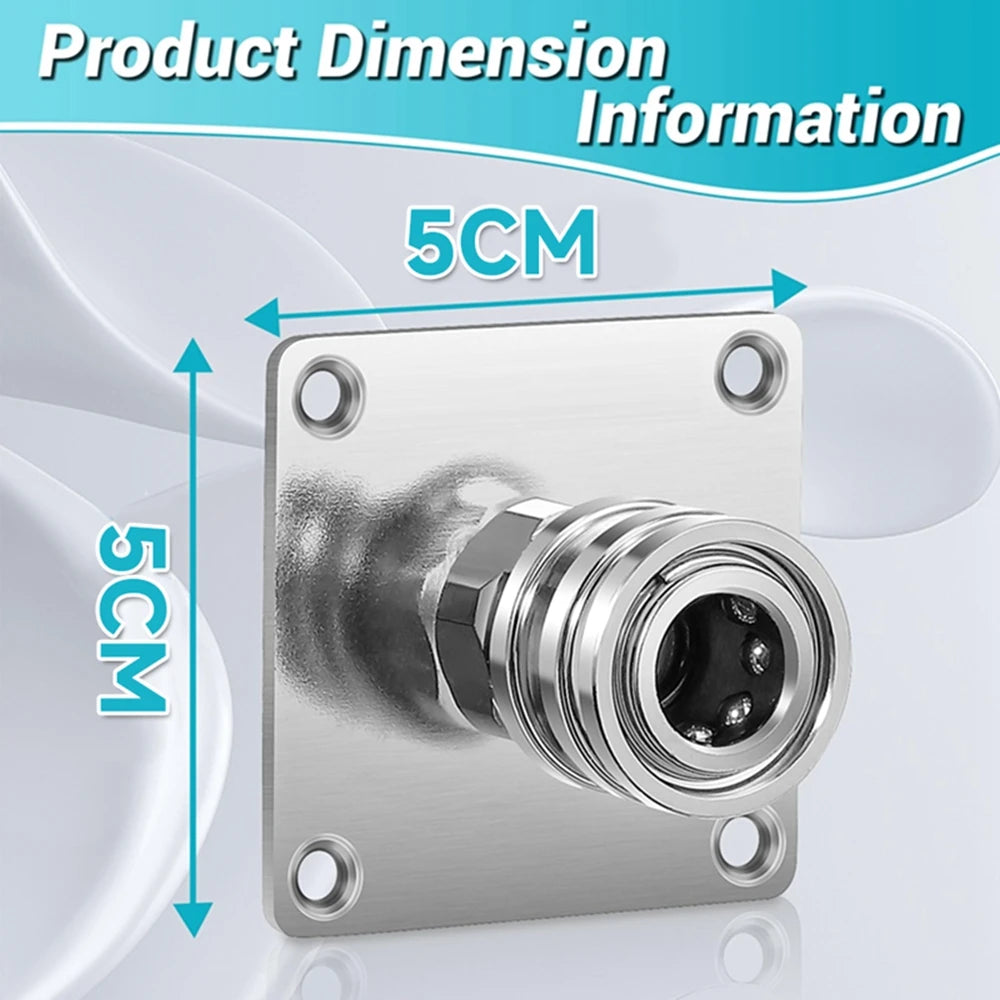 A silver wall-mounted pressure washer accessory storage rack with quick connect holders shown with dimension lines.
