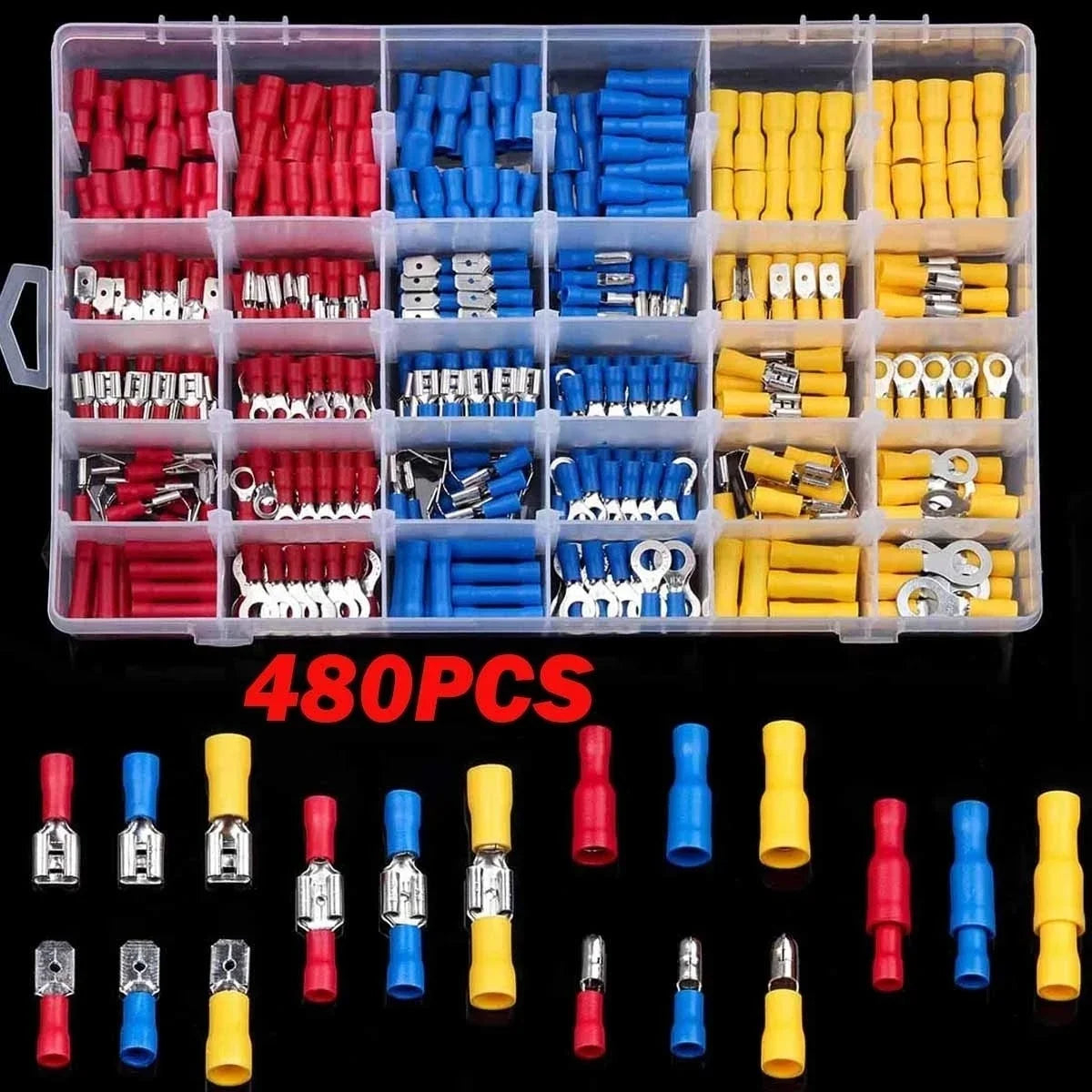 A collection of assorted male and female insulated wire crimp terminal connectors in various colors like red, blue, yellow, a