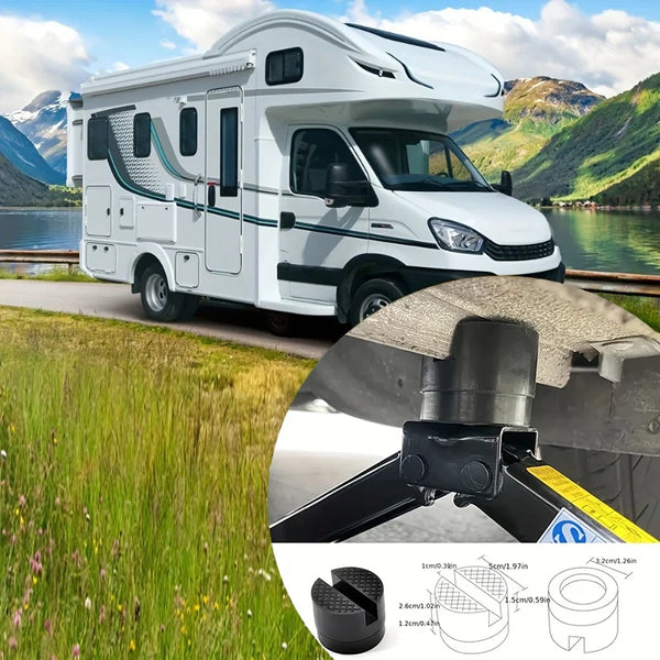 A white van is shown with a universal rubber jack pad for floor jacks, and an inset shows the jack pad design.