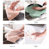 Various uses of microfiber kitchen cleaning cloths including glass bowl cleaning, utensil cleaning, and table wiping.