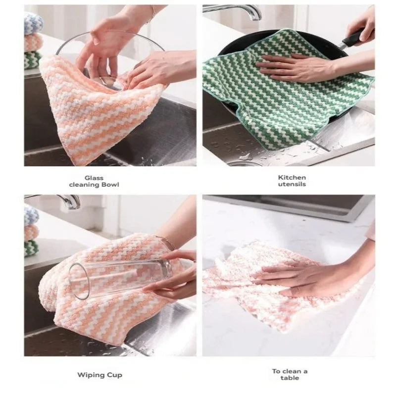 Various uses of microfiber kitchen cleaning cloths including glass bowl cleaning, utensil cleaning, and table wiping.