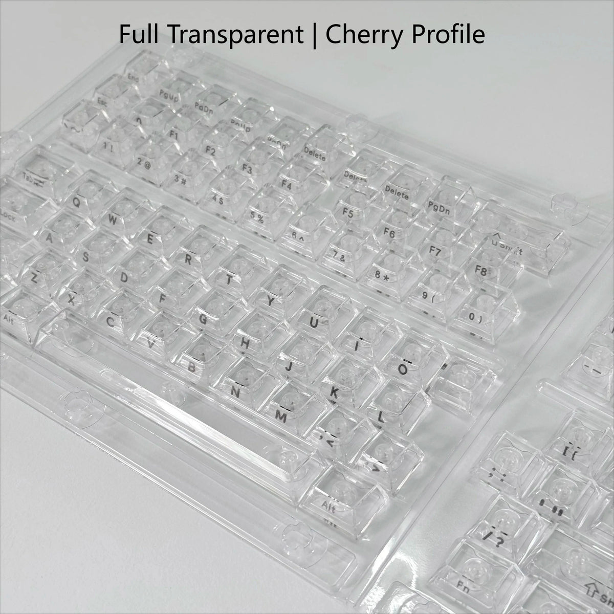 A close-up view of a full transparent cherry profile keycap set for mechanical keyboards.