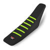 Black ribbed motorcycle seat cover with neon yellow stripes and a Power Zone logo
