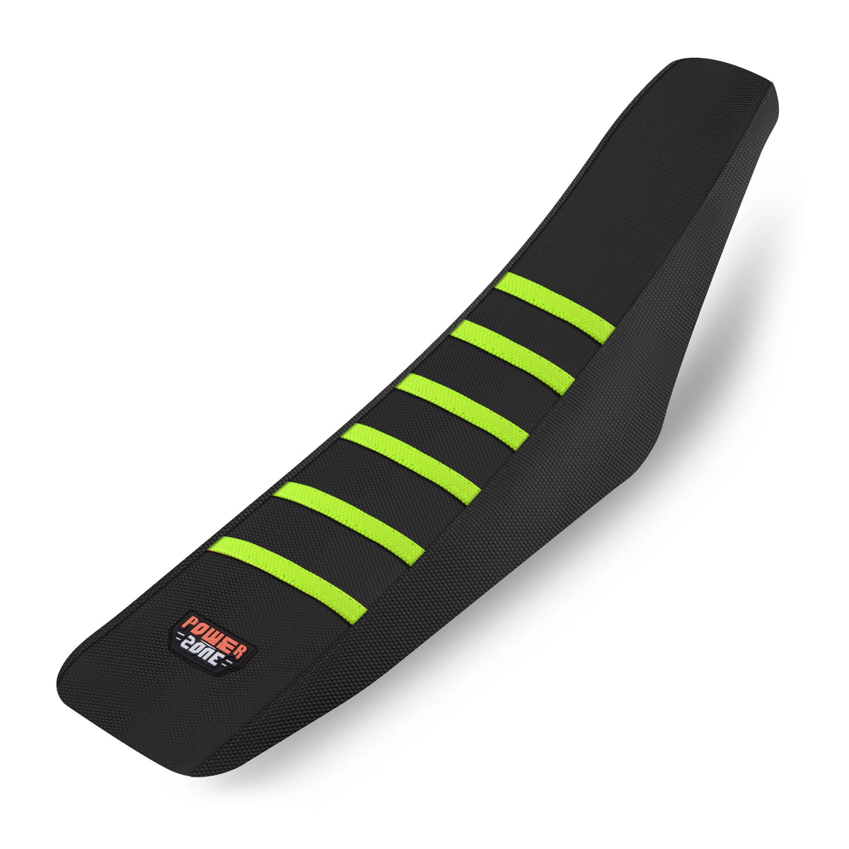 Black ribbed motorcycle seat cover with neon yellow stripes and a Power Zone logo