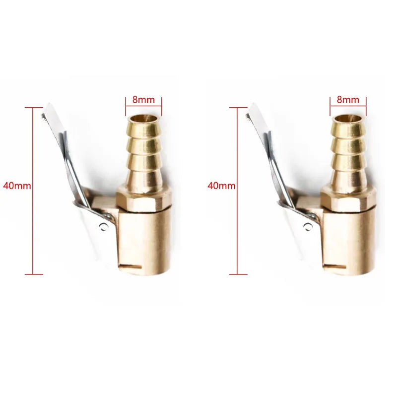 Brass tire inflator chuck with clip-on valve connector shown in two views.