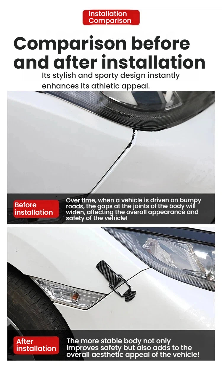 Comparison showing a car's hood before and after installation of an alloy pin lock kit.