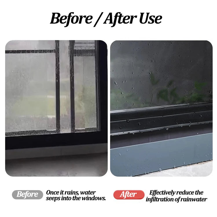 Before and after comparison showing a waterproof sliding window seal strip preventing rainwater infiltration.