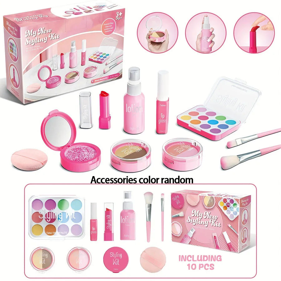 A pink pretend play makeup kit for kids featuring various cosmetic tools and accessories.