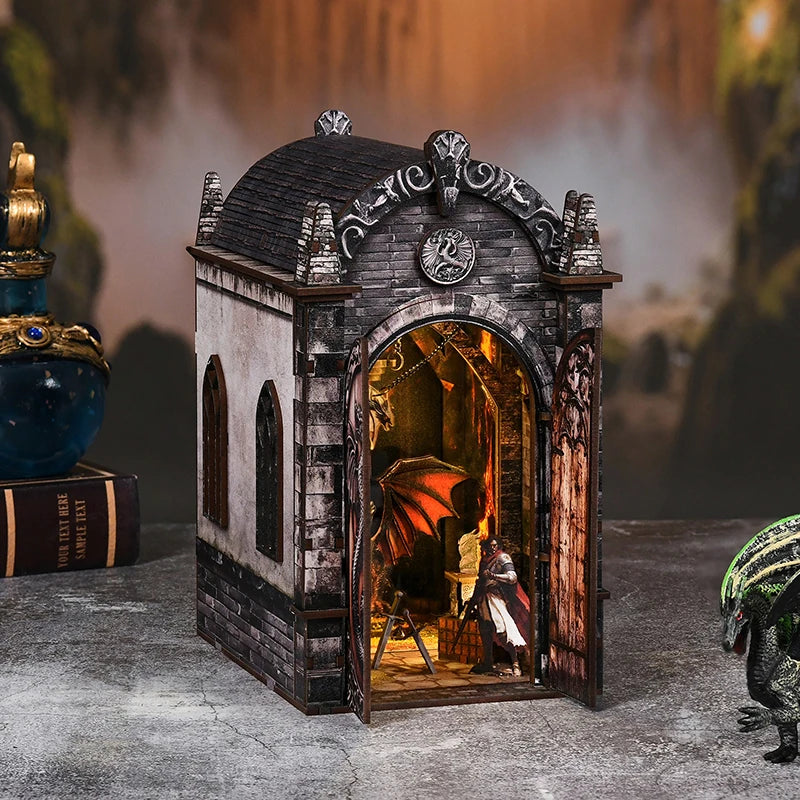 A detailed wooden book nook kit featuring a miniature, gothic-style structure with an arched entrance and interior scene.