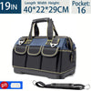 A black heavy-duty waterproof tool organizer bag with multiple pockets and a carrying strap.