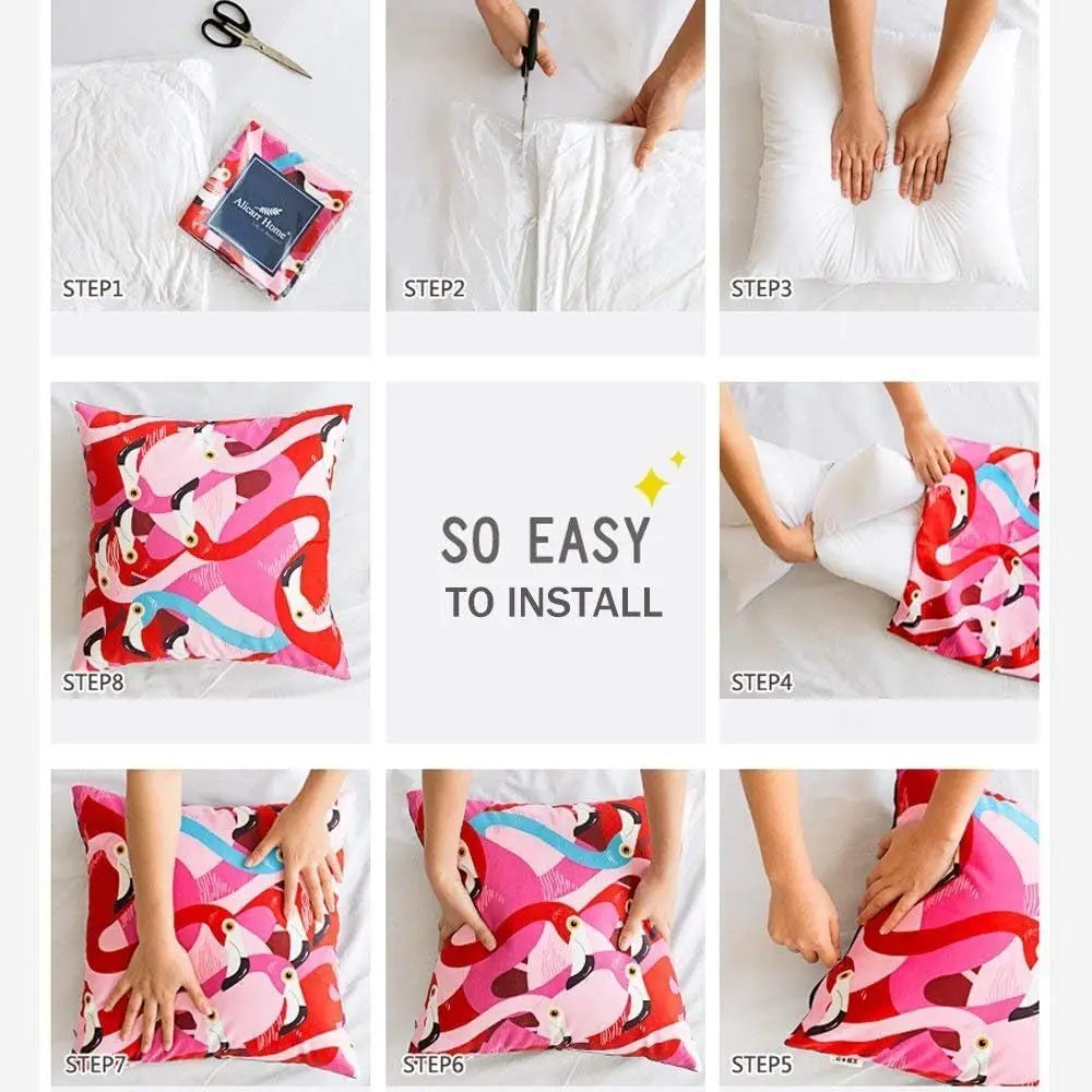 Step-by-step guide showing how to install a personalized photo throw pillow cover with double-sided print