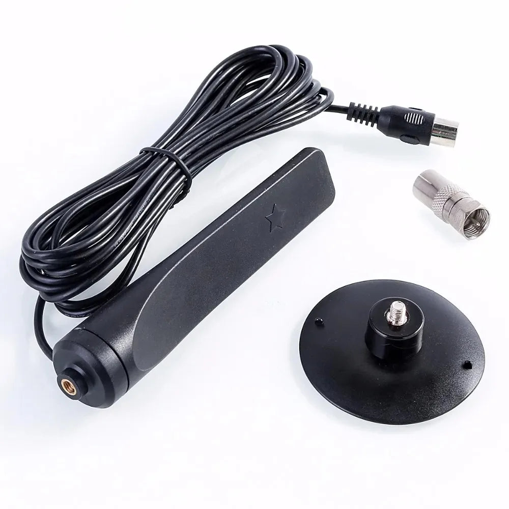 Black HD digital TV antenna with signal booster cable and mounting plate