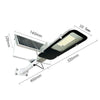 A solar street light fixture mounted on a pole, featuring a solar panel and an LED light, with various dimensions marked.